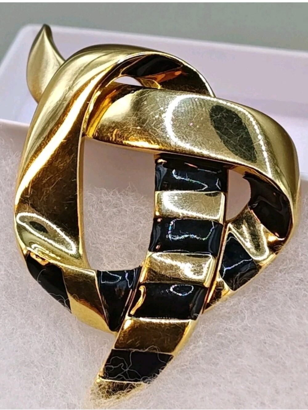 St John Love Knot Statement Brooch Nautical Twist Black Enamel Gold Plated Vtg